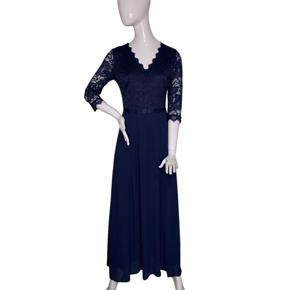 Miss May Maxi Dress Navy Blue V-Neck Floral Lace Bodice 3/4 Sleeve Size S
